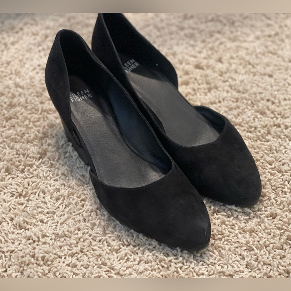Eileen Fisher Black Suede  2" Block Heel Lilly Hill Suede Pumps Size 9